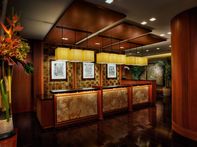 Jatoba reception desk and wood ceiling panels
