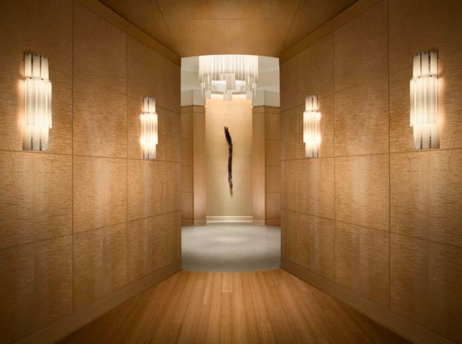 Curly maple wall panels in the spa corridor