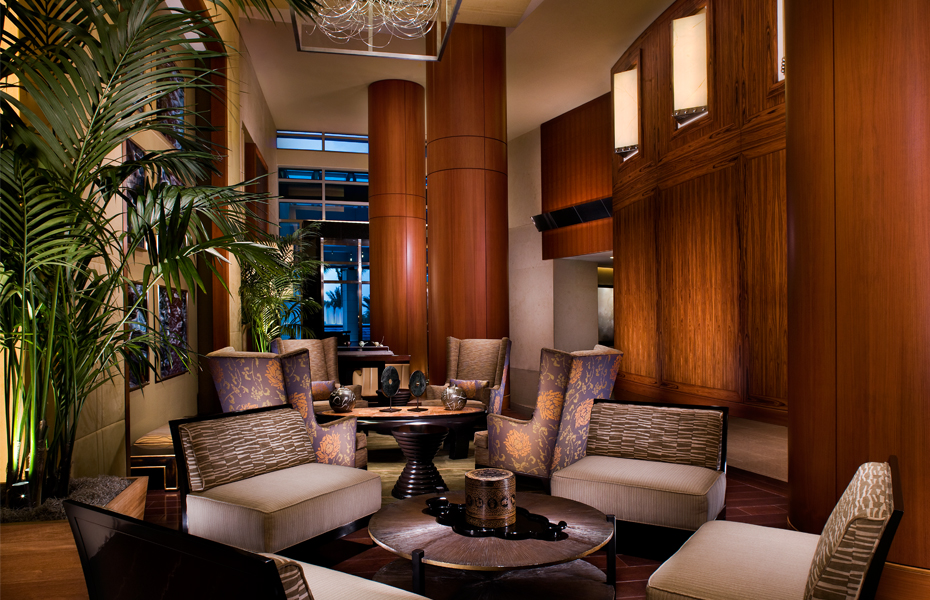 Luxury lobby with architectural wood columns and paneling