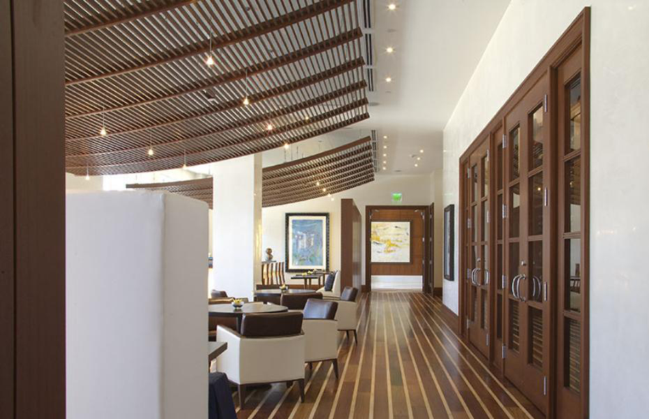 Wood slat ceilings and doors in a contemporary interior